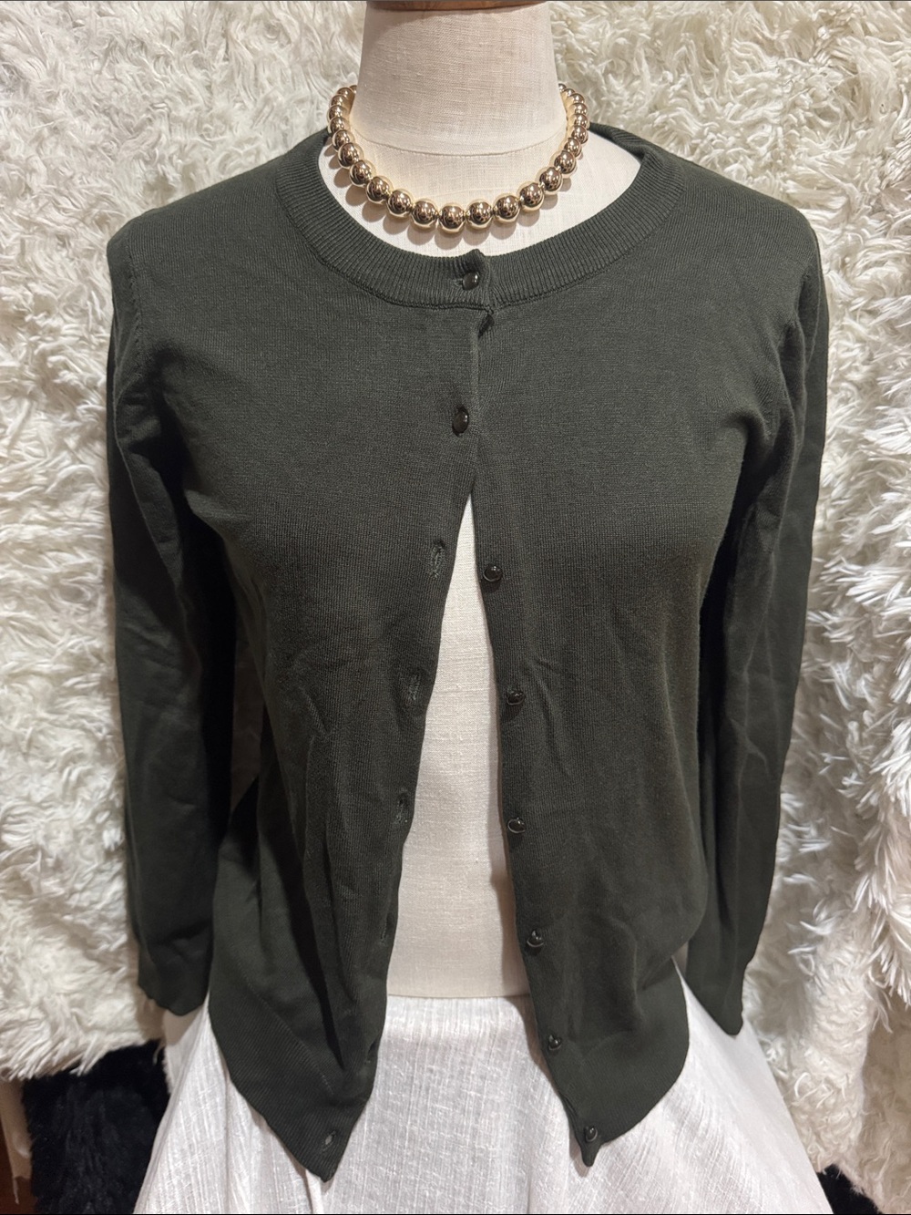 Cielo Dark Olive Crewneck Button-Front Cardigan